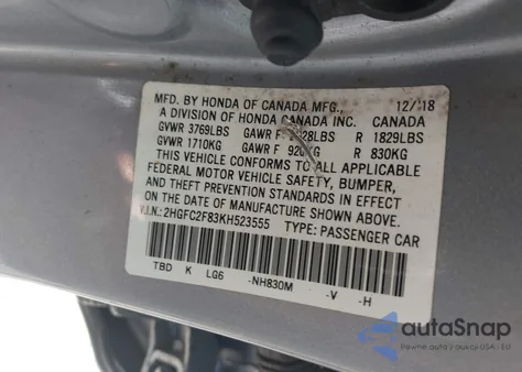 2019 Honda Civic Sport z USA, uszkodzony, nr VIN 2HGFC2F83KH523555